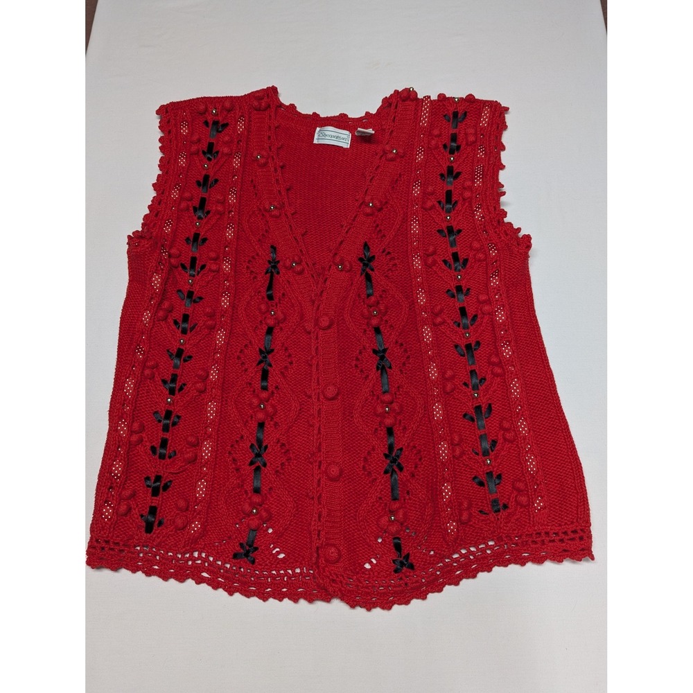 Shenanigans Red Knit Vest Ribbon Bows Gold Beads Crochet Trim Cottagecore Small
